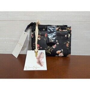 NEW Jessica Simpson Floral Card Case Wallet Mini Purse Black Boho Gold Charm